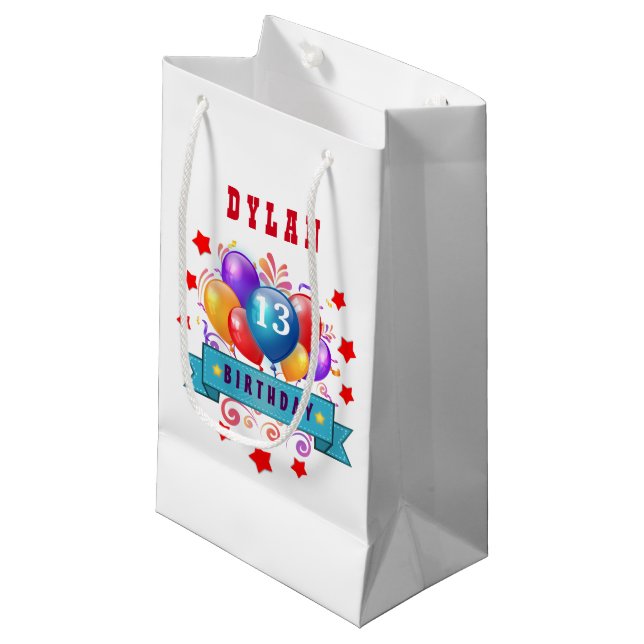 13th Birthday Festive Balloons and Red Stars 102Z Small Gift Bag (Front Angled)