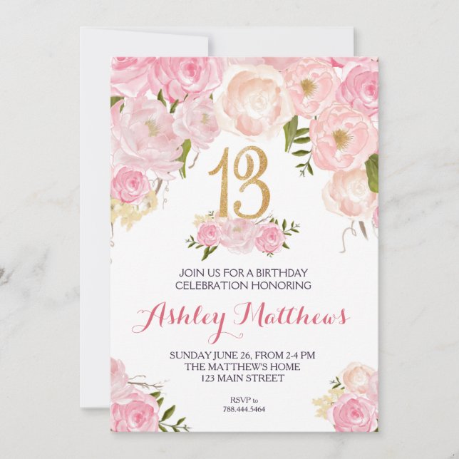 13th birthday Floral Invitation, Invitation (Front)