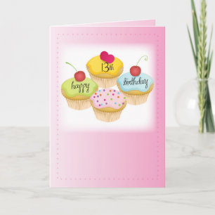 13th Birthday for Girl, Cupcakes on Pink Card
