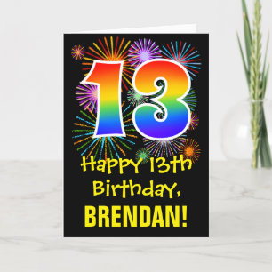 13th Birthday: Fun Fireworks Pattern + Rainbow 13 Card