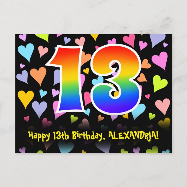 13th Birthday: Fun Hearts Pattern, Rainbow 13 Postcard (Front)