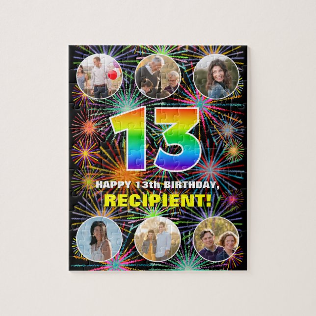 13th Birthday: Fun Rainbow #, Custom Name + Photos Jigsaw Puzzle (Vertical)
