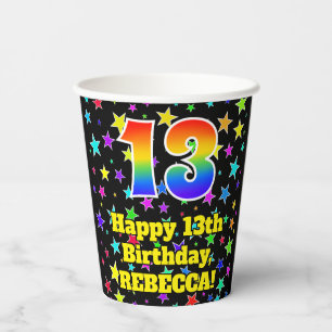 13th Birthday: Fun Stars Pattern and Rainbow 13 Paper Cups