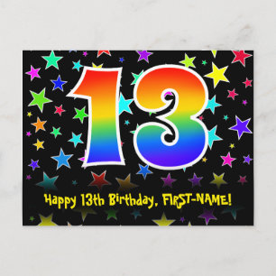 13th Birthday: Fun Stars Pattern, Rainbow 13, Name Postcard