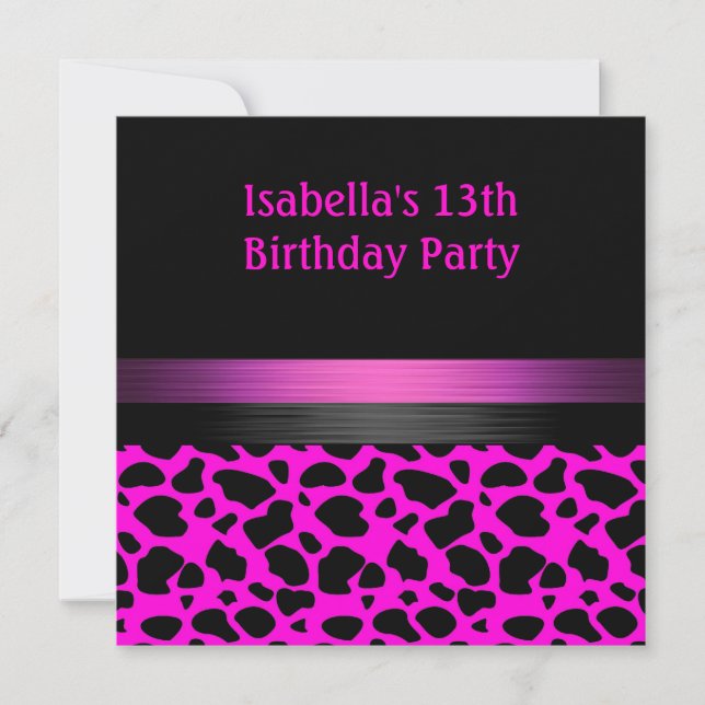 13th Birthday Fuschia Pink Black Animal Pattern Invitation (Front)