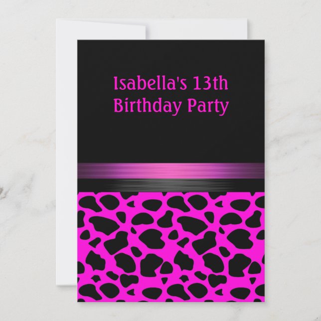 13th Birthday Fuschia Pink Black Animal Pattern Invitation (Front)