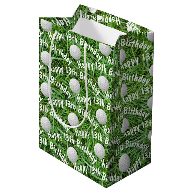 13th Birthday Golf Balls on Grass Medium Gift Bag (Back Angled)