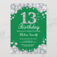 13th Birthday Green and Silver Diamond