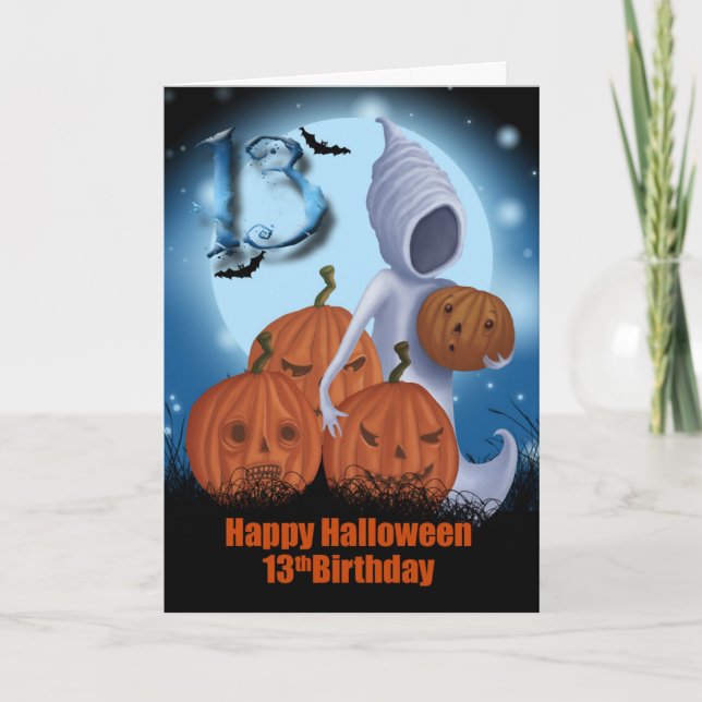 13th Birthday Halloween Ghost And Pumpkins Card (Front)