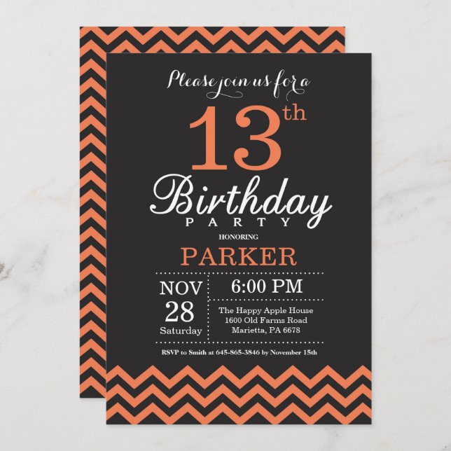 13th Birthday Invitation Black and Coral Chevron (Front/Back)