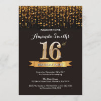 13th Birthday Invitation Black and Gold Glitt6r
