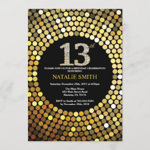 13th Birthday Invitation Black and Gold Glitter