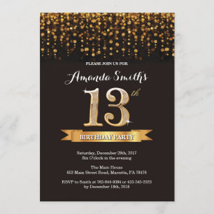 13th Birthday Invitation Black and Gold Glitter