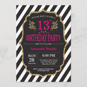 13th Birthday Invitation. Black and Gold Glitter Invitation