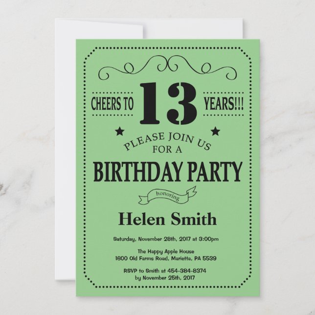 13th Birthday Invitation Black and Green (Front)