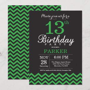 13th Birthday Invitation Black and Green Chevron