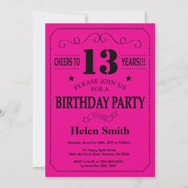 13th Birthday Invitation Black and Hot Pink (Front)