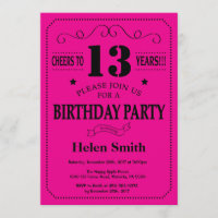 13th Birthday Invitation Black and Hot Pink