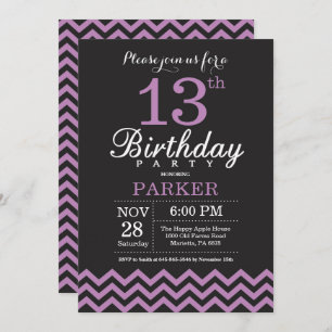 13th Birthday Invitation Black and Purple