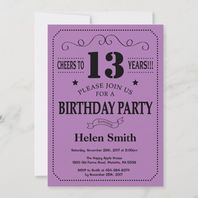 13th Birthday Invitation Black and Purple (Front)