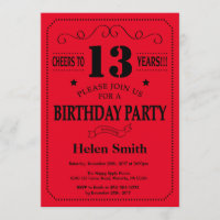 13th Birthday Invitation Black and Red