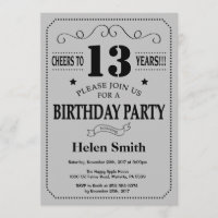 13th Birthday Invitation Black and Silver Grey