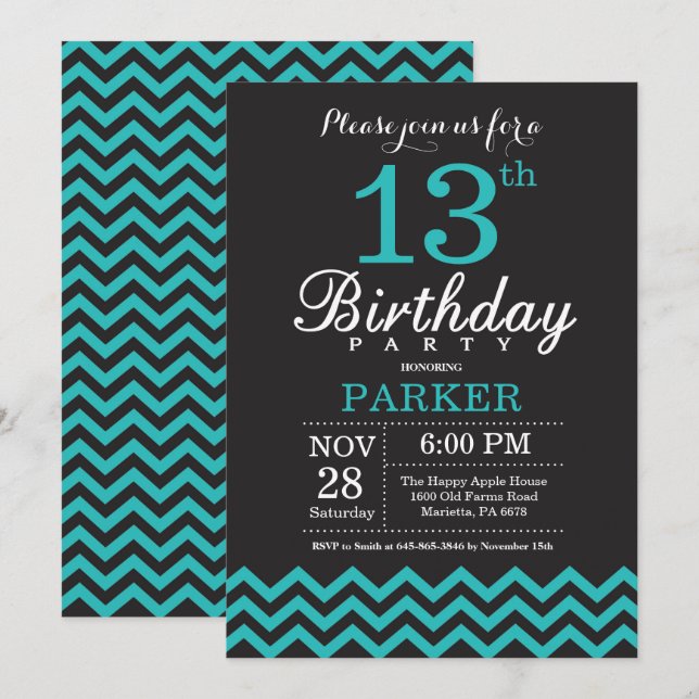 13th Birthday Invitation Black and Teal (Front/Back)
