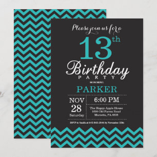 13th Birthday Invitation Black and Teal