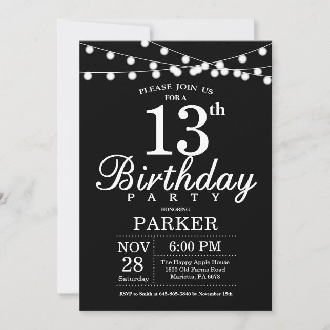 13th Birthday Invitation Black and White (Front)