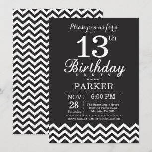 13th Birthday Invitation Black and White Chevron