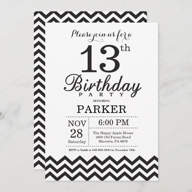 13th Birthday Invitation Black and White Chevron (Front/Back)