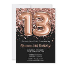 13th Birthday Invitation Black Rose Gold Glitter