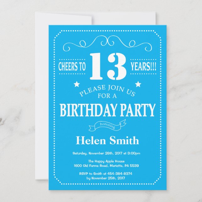 13th Birthday Invitation Blue and White (Front)