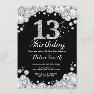 13th Birthday Invitation Chalkboard Silver Diamond