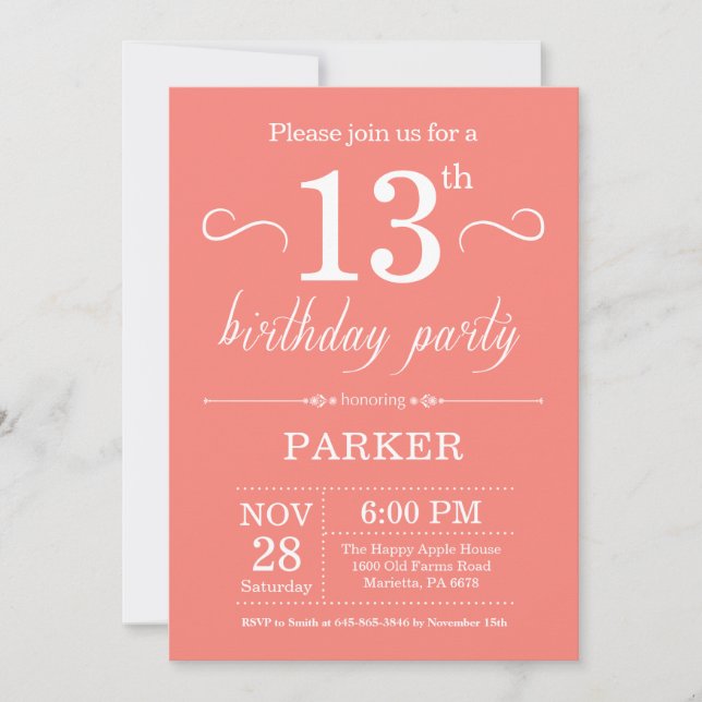 13th Birthday Invitation Coral (Front)