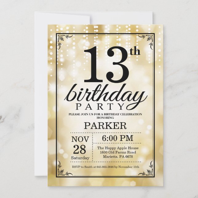 13th Birthday Invitation Gold Glitter (Front)