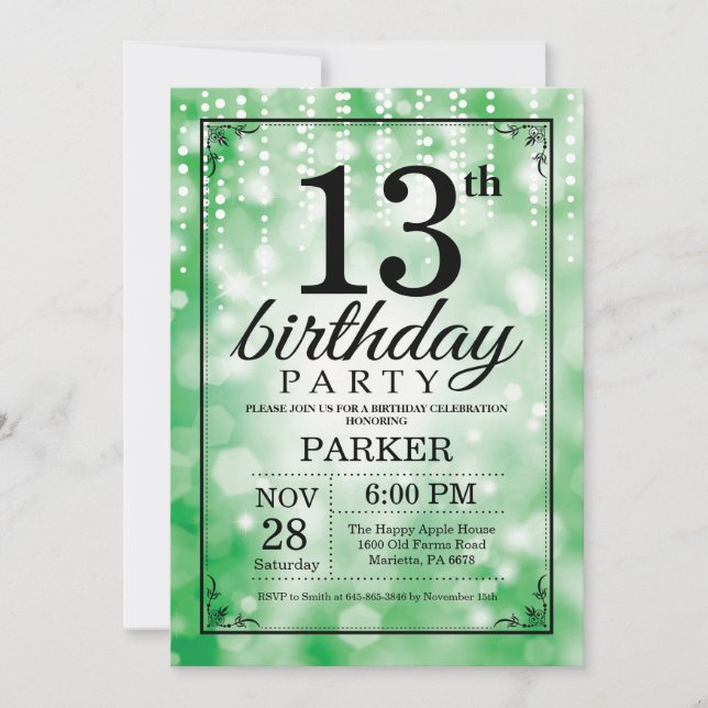13th Birthday Invitation Green Glitter (Front)
