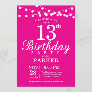 13th Birthday Invitation Hot Pink