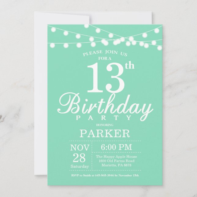 13th Birthday Invitation Mint Green (Front)