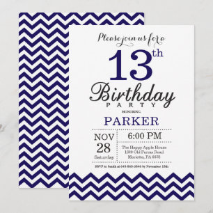 13th Birthday Invitation Navy Blue Chevron