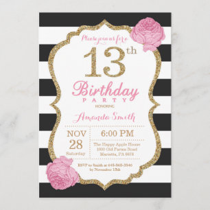 13th Birthday Invitation Pink Black Gold Floral
