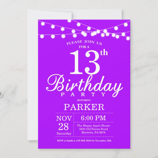 13th Birthday Invitation Purple Lavender Lilac (Front)