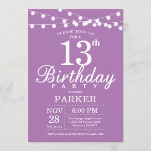 13th Birthday Invitation Purple Lavender Lilac
