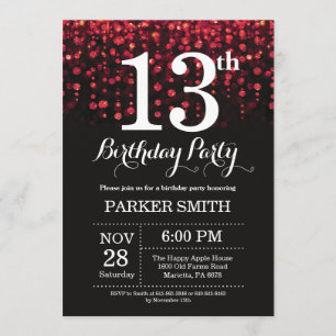 13th Birthday Invitation Red Glitter