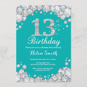 13th Birthday Invitation Teal and Silver Diamond