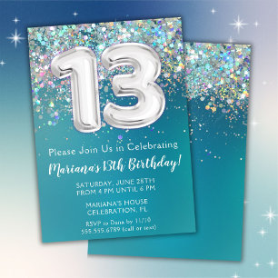 13th Birthday Invitation Teal Silver Glitter