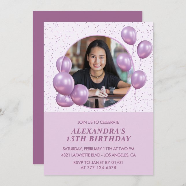 13th birthday invitations Balloons Photo Purple (Front/Back)