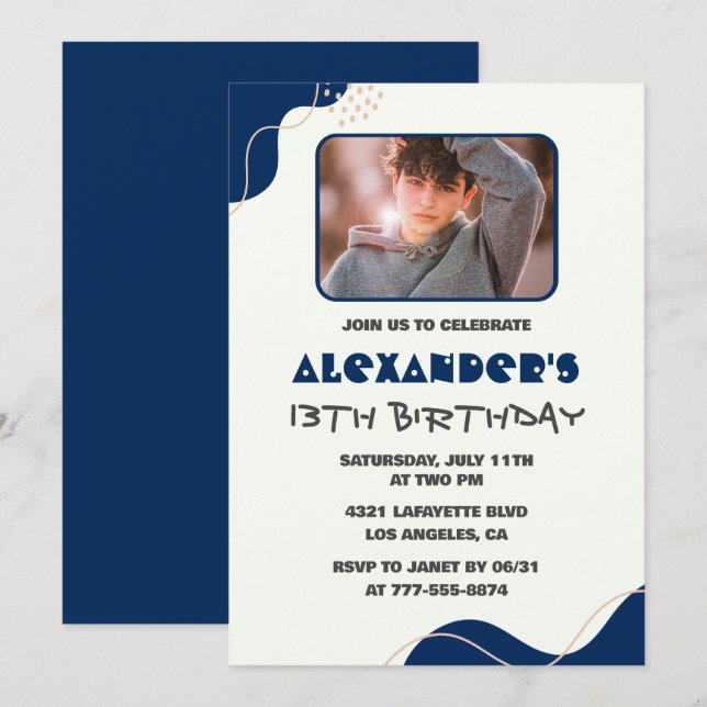 13th birthday invitations Boy Navy Simple Photo (Front/Back)