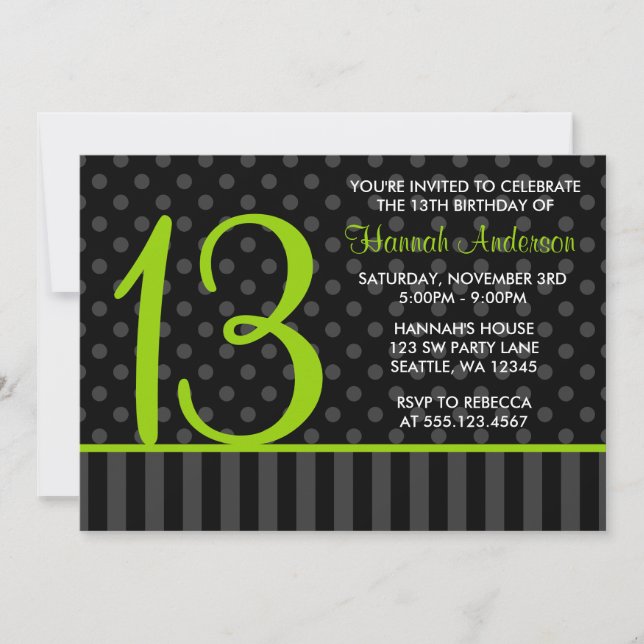 13th Birthday Lime Green Black Polka Dot Stripes Invitation (Front)