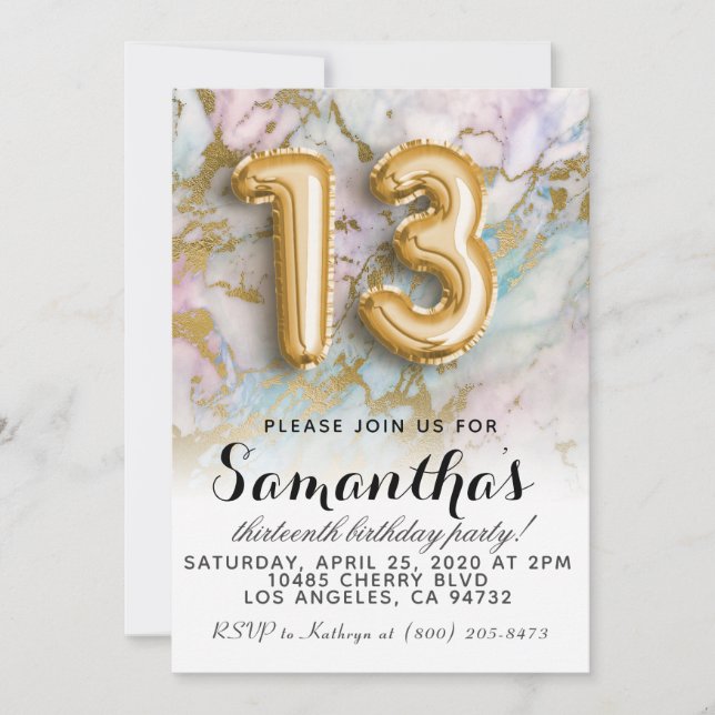 13th Birthday Marble Gold Invitation (Front)